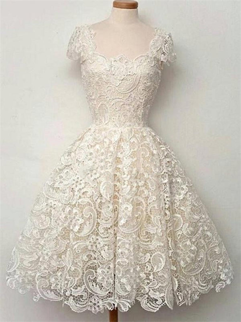 Custom Made Ivory Cap Sleeves Short Lace Prom Dresses, Wedding Dresses. Homecoming Dresses