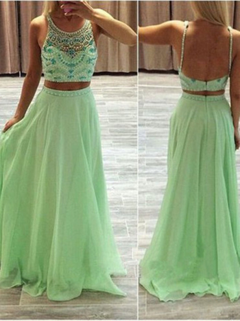 Custom Made 2 Pieces Round Neck Green Prom Dresses, 2 Pieces Formal Dresses