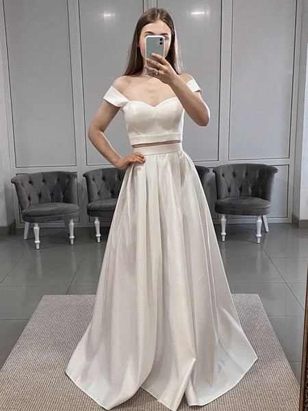 Off Shoulder 2 Pieces White Satin Long Prom Dresses, Two Pieces White Formal Dresses, Off the Shoulder White Evening Dresses