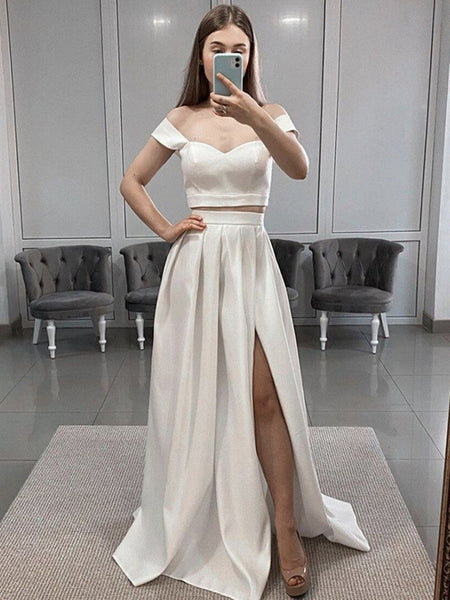 Off Shoulder 2 Pieces White Satin Long Prom Dresses, Two Pieces White Formal Dresses, Off the Shoulder White Evening Dresses
