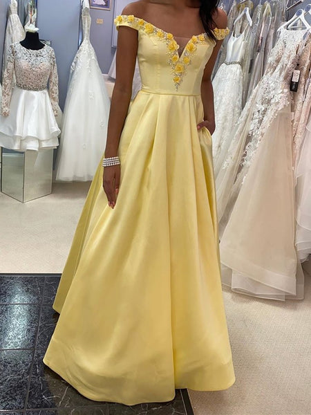 Off Shoulder 3D Flowers Yellow Satin Long Prom Dresses, Yellow Floral Formal Dresses, Yellow Evening Dresses