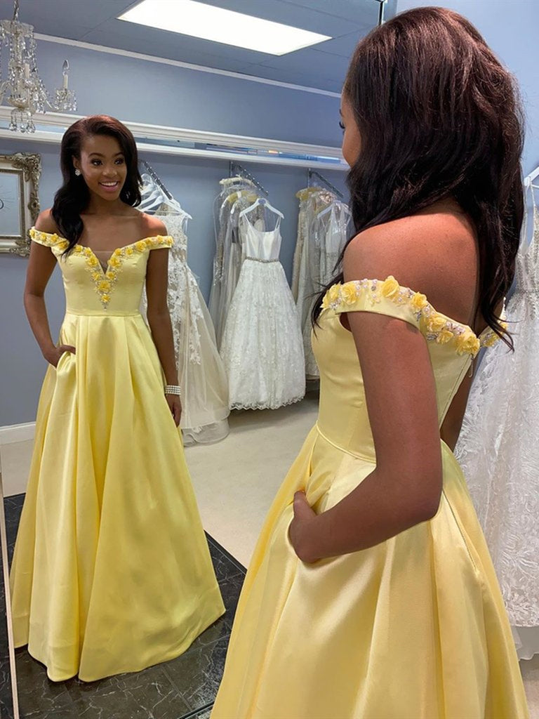 Off Shoulder Yellow Lace Floral Prom Dresses, Yellow Lace Homecoming D –  Shiny Party