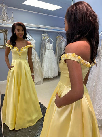 Off Shoulder 3D Flowers Yellow Satin Long Prom Dresses, Yellow Floral Formal Dresses, Yellow Evening Dresses