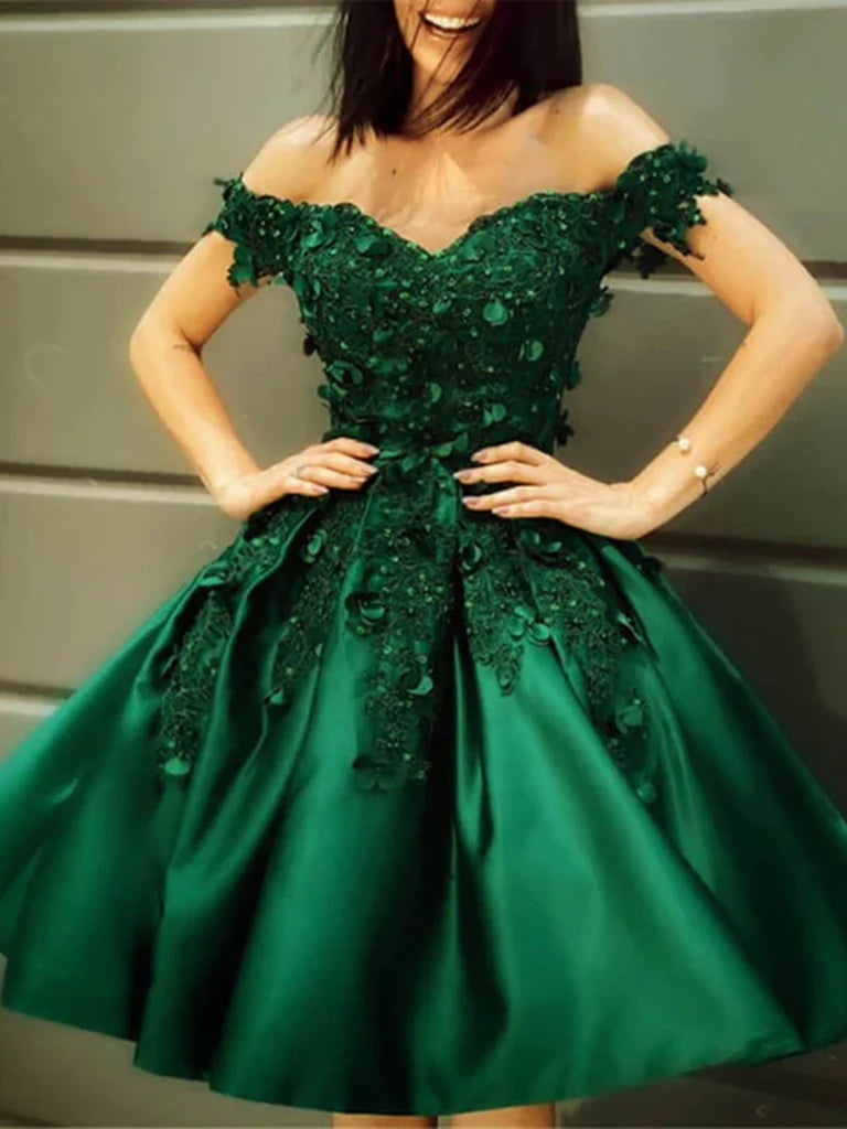 Off Shoulder Beaded Green Lace Short Prom Dresses, Green Lace Homecomi Shiny Party Off Shoulder Beaded Green Lace Short Prom Dresses, Green Lace Homecomi Shiny Party