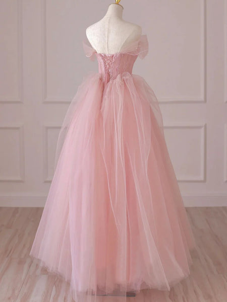 Off Shoulder Beaded Pink Tulle Long Prom Dresses, Off the Shoulder Formal Dresses, Pink Evening Dresses SP2621