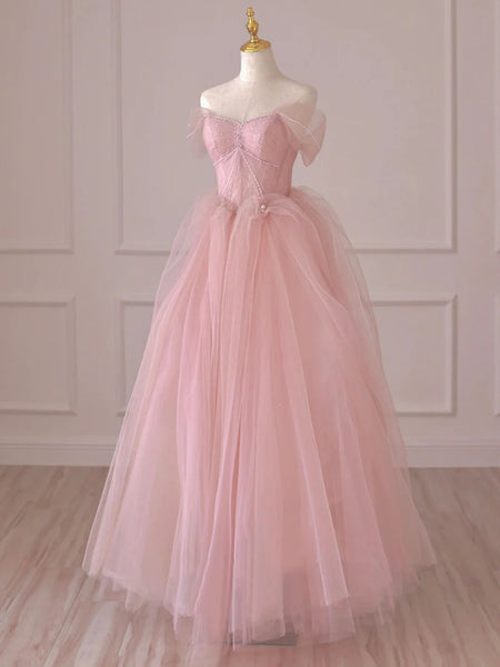 Off Shoulder Beaded Pink Tulle Long Prom Dresses, Off the Shoulder Formal Dresses, Pink Evening Dresses SP2621