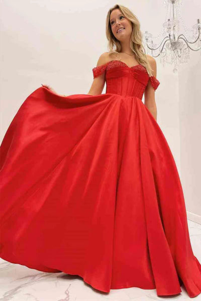 Off Shoulder Beaded Red/Black Satin Long Prom Dresses, Red/Black Formal Evening Dresses SP2571