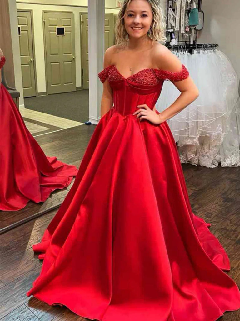 Off Shoulder Beaded Red/Black Satin Long Prom Dresses, Red/Black Forma Shiny Party Off Shoulder Beaded Red/Black Satin Long Prom Dresses, Red/Black Forma Shiny Party