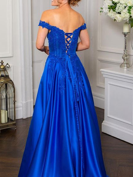 Off Shoulder Beaded Royal Blue Lace Long Prom Dresses, Royal Blue Lace Formal Graduation Evening Dresses SP2232