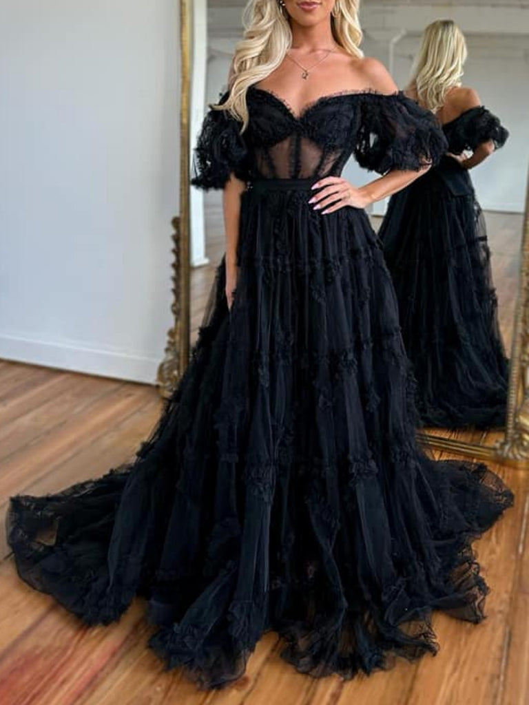 Off Shoulder Black Lace Long Prom Dresses, Black Lace Formal Dresses