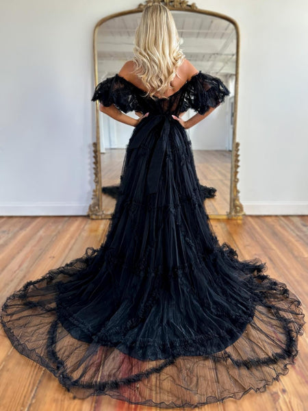 Off Shoulder Black Lace Long Prom Dresses, Black Lace Formal Dresses, Black Evening Dresses SP2629