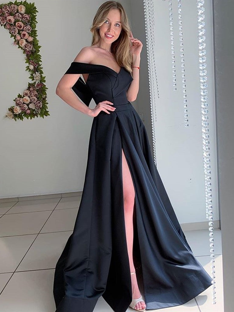 Off Shoulder Black Satin Long Prom Dresses with High Slit, Black Forma Shiny Party Off Shoulder Black Satin Long Prom Dresses with High Slit, Black Forma Shiny Party