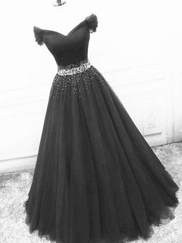 Off Shoulder Black Tulle Long Prom Dresses with Sequins, Off the Shoulder Black Formal Evening Dresses, Black Ball Gown SP2279