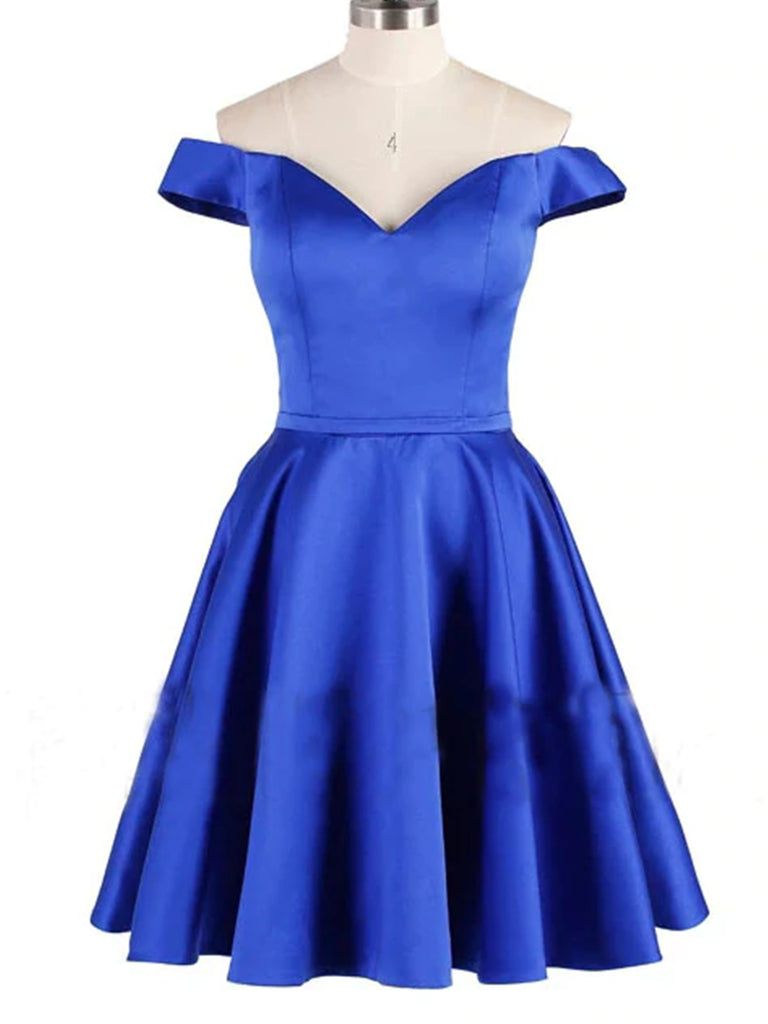 Off Shoulder Blue Satin Short Prom Dresses, Short Blue Homecoming Dres Shiny Party Off Shoulder Blue Satin Short Prom Dresses, Short Blue Homecoming Dres Shiny Party