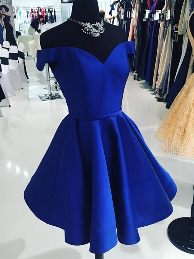 Off Shoulder Blue Satin Short Prom Dresses, Short Blue Homecoming Dresses, Blue Formal Evening Dresses SP2412 Off Shoulder Blue Satin Short Prom Dresses, Short Blue Homecoming Dresses, Blue Formal Evening Dresses SP2412