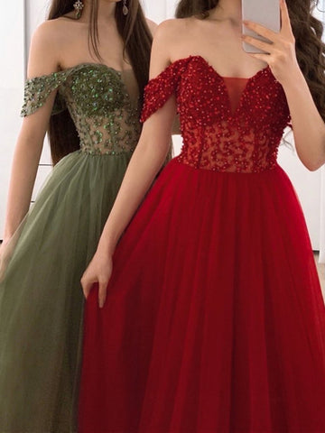 Off Shoulder Burgundy/Green Beaded Sequins Long Prom Dresses, Off the Shoulder Wine Red Formal Dresses, Green Evening Dresses
