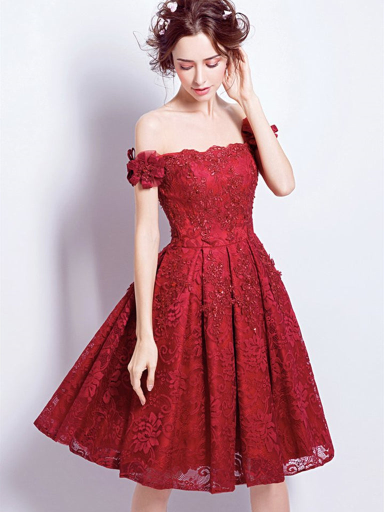 Off Shoulder Burgundy Lace Short Prom Homecoming Dresses, Burgundy Lac Shiny Party Off Shoulder Burgundy Lace Short Prom Homecoming Dresses, Burgundy Lac Shiny Party