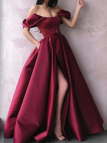 Off Shoulder Burgundy Satin Long Prom Dresses with High Slit, Burgundy Formal Graduation Evening Dresses, Wine Red Ball Gown