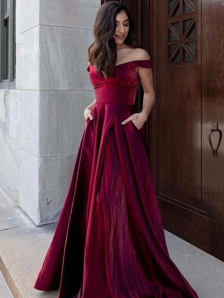 Off Shoulder Burgundy Velvet Long Prom Dresses with Pocket, Long Burgu