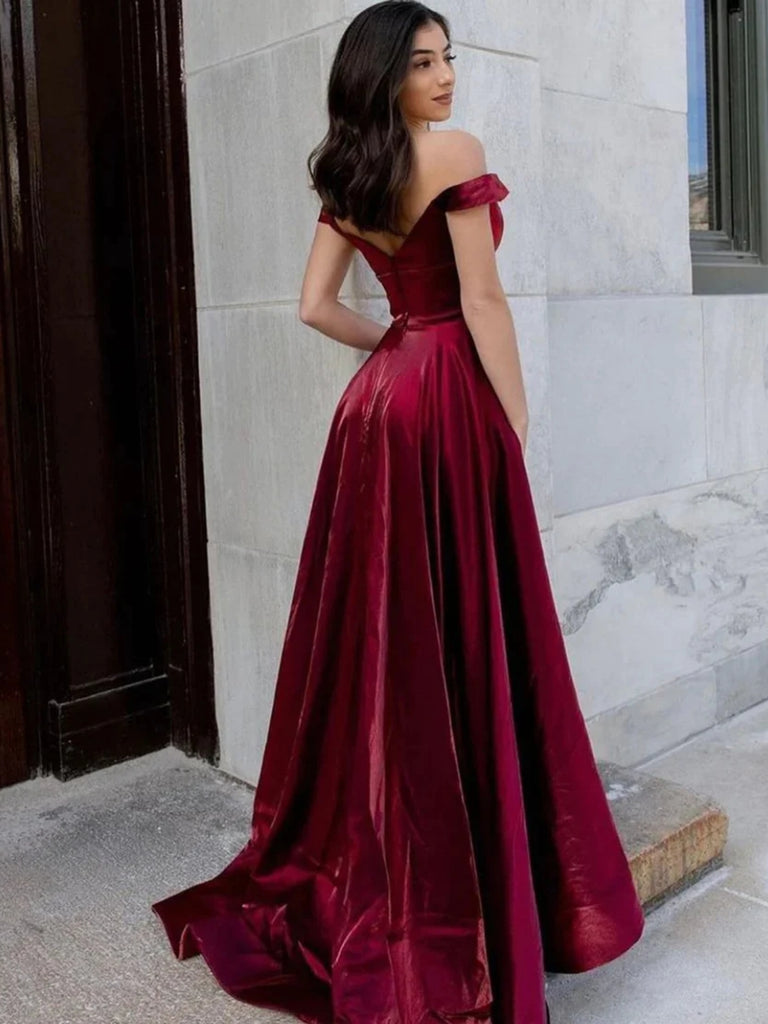 Off Shoulder Burgundy Velvet Long Prom Dresses with Pocket, Long Burgu