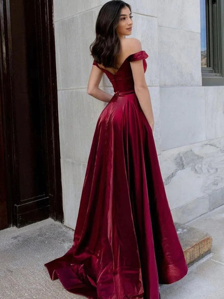 Off Shoulder Burgundy Velvet Long Prom Dresses with Pocket, Long Burgundy Formal Graduation Evening Dresses SP2650