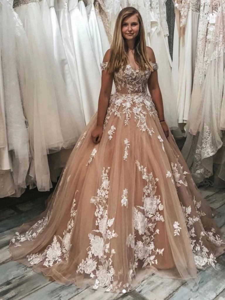 Off Shoulder Champagne Lace Long Prom Dresses, Champagne Lace Formal D – Shiny Party