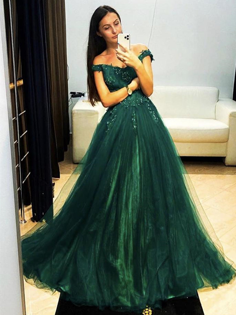 Off Shoulder Dark Green Lace Long Prom Dresses, Dark Green Lace Formal –  Shiny Party