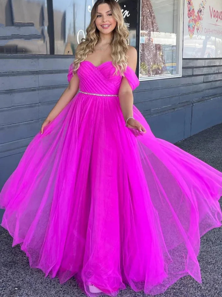 Off Shoulder Fuchsia Tulle Long Prom Dresses with Belt, Long Fuchsia F ...