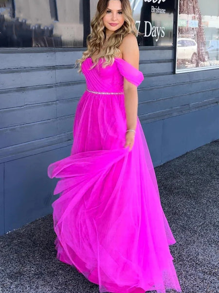 Off Shoulder Fuchsia Tulle Long Prom Dresses with Belt, Long Fuchsia F ...