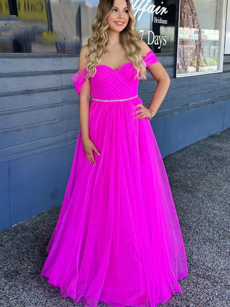 Off Shoulder Fuchsia Tulle Long Prom Dresses with Belt, Long Fuchsia F ...