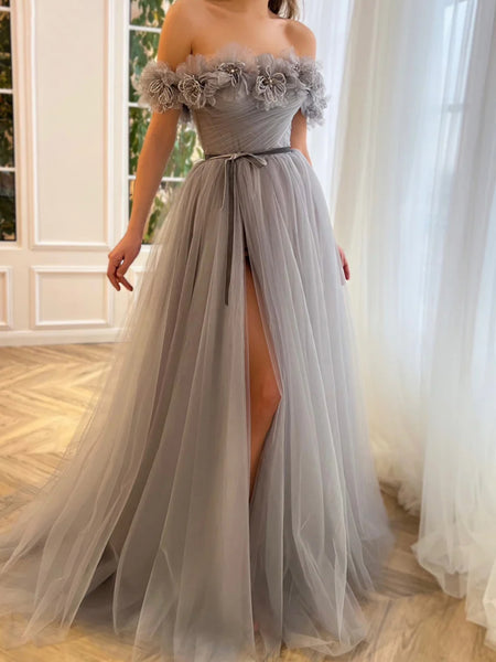 Off Shoulder Gray Tulle Floral Long Prom Dresses with High Slit, Grey Tulle Formal Dresses, Off the Shoulder Gray Evening Dresses SP2579