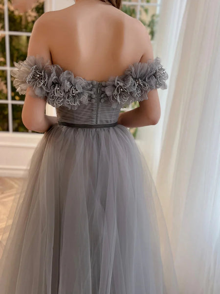 Off Shoulder Gray Tulle Floral Long Prom Dresses with High Slit, Grey Tulle Formal Dresses, Off the Shoulder Gray Evening Dresses SP2579