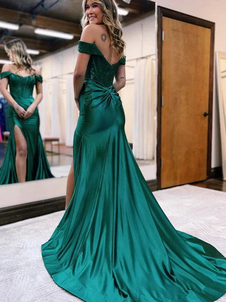 Off Shoulder Green Lace Mermaid Long Prom Dresses with High Slit, Green Lace Formal Dresses, Mermaid Green Evening Dresses SP2550