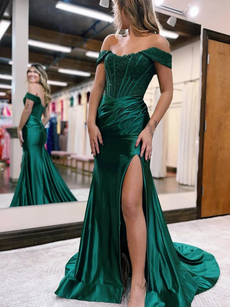 Green Long Sleeves Lace Satin Long Prom Dresses, Green Lace Formal Dre –  Shiny Party
