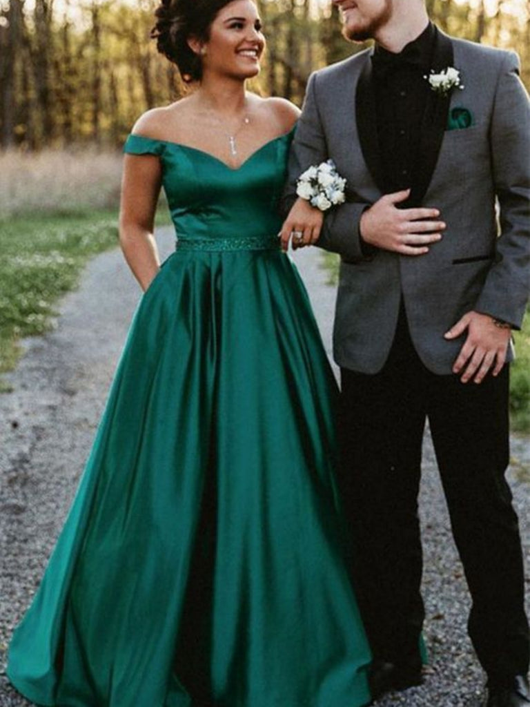 Off Shoulder Green Satin Long Prom Dresses, Off the Shoulder Formal Dr Shiny Party Off Shoulder Green Satin Long Prom Dresses, Off the Shoulder Formal Dr Shiny Party
