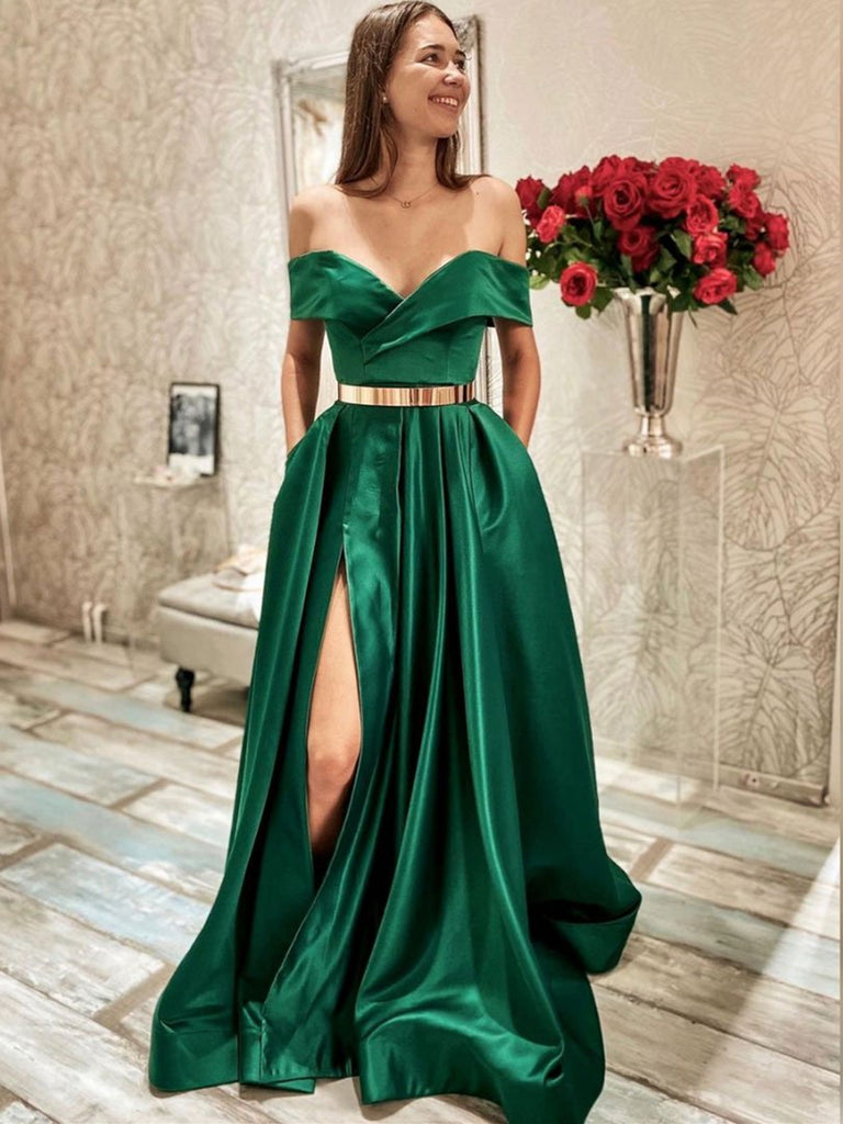Off Shoulder Green Satin Long Prom Dresses with High Slit, Green Forma Shiny Party Off Shoulder Green Satin Long Prom Dresses with High Slit, Green Forma Shiny Party