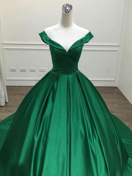 Off Shoulder Green Satin Long Prom Dresses with Train, Off the Shoulder Green Formal Evening Dresses SP2237