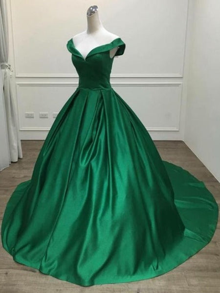 Off Shoulder Green Satin Long Prom Dresses with Train, Off the Shoulder Green Formal Evening Dresses SP2237