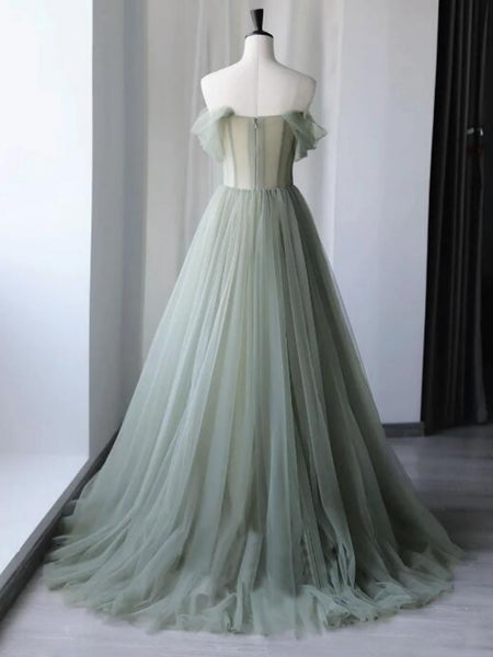 Off Shoulder Green Tulle Floral Long Prom Dresses, Off the Shoulder Formal Dresses, Green Evening Dresses with 3D Flowers SP2671