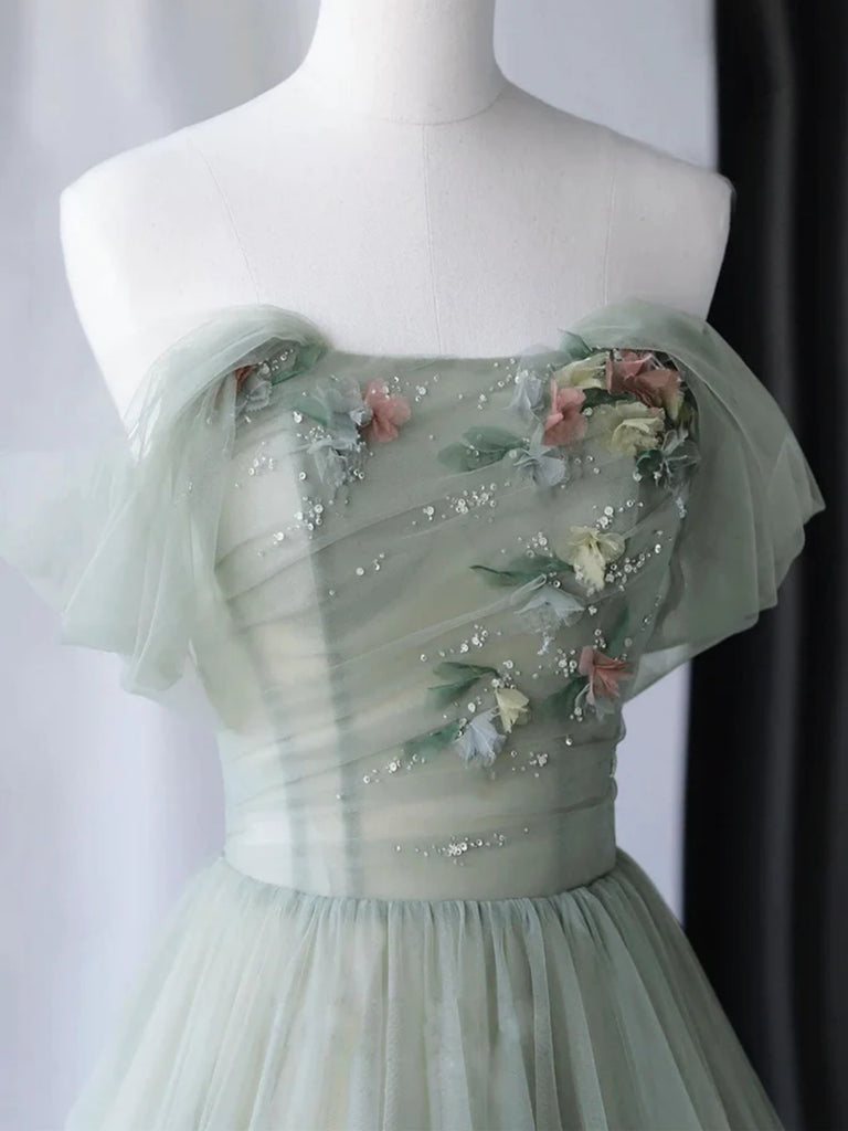 Off Shoulder Green Tulle Floral Long Prom Dresses, Off the Shoulder Fo Shiny Party Off Shoulder Green Tulle Floral Long Prom Dresses, Off the Shoulder Fo Shiny Party