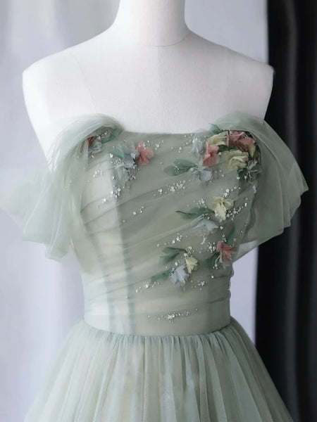 Off Shoulder Green Tulle Floral Long Prom Dresses, Off the Shoulder Formal Dresses, Green Evening Dresses with 3D Flowers SP2671