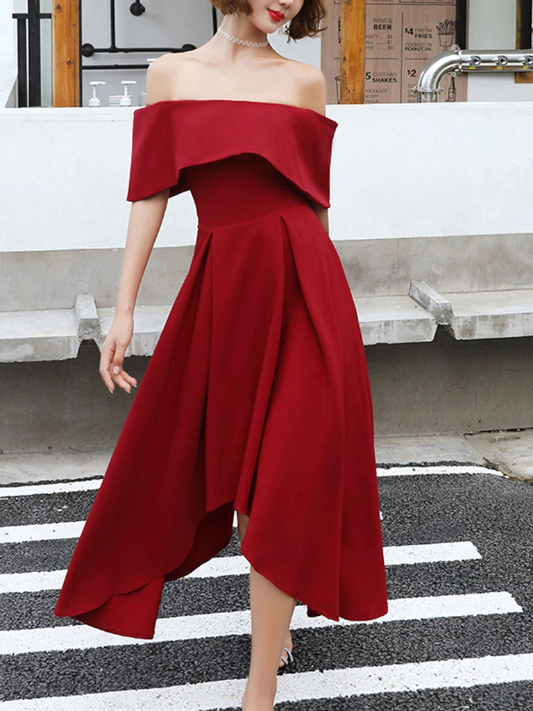 Off Shoulder High Low Burgundy Tea Length Prom Dresses, Off Shoulder B Shiny Party Off Shoulder High Low Burgundy Tea Length Prom Dresses, Off Shoulder B Shiny Party