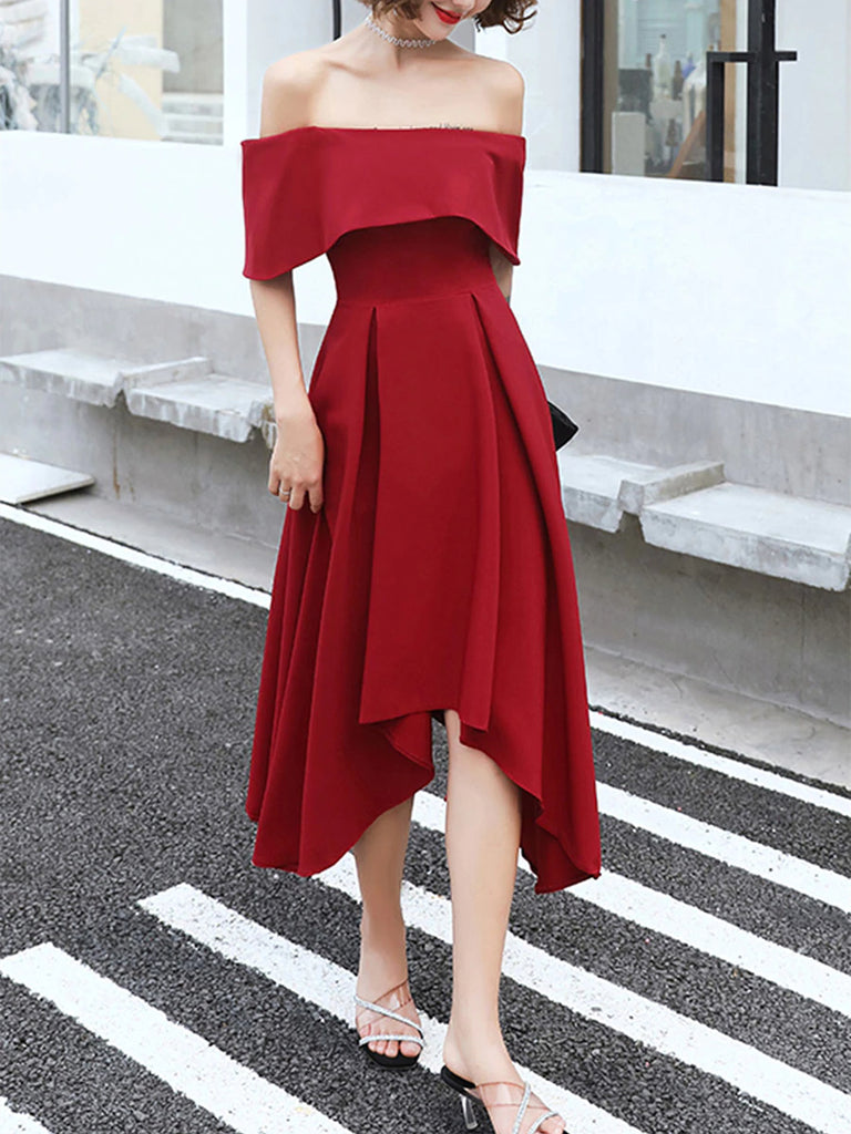 Off Shoulder High Low Burgundy Tea Length Prom Dresses, Off Shoulder B Shiny Party Off Shoulder High Low Burgundy Tea Length Prom Dresses, Off Shoulder B Shiny Party