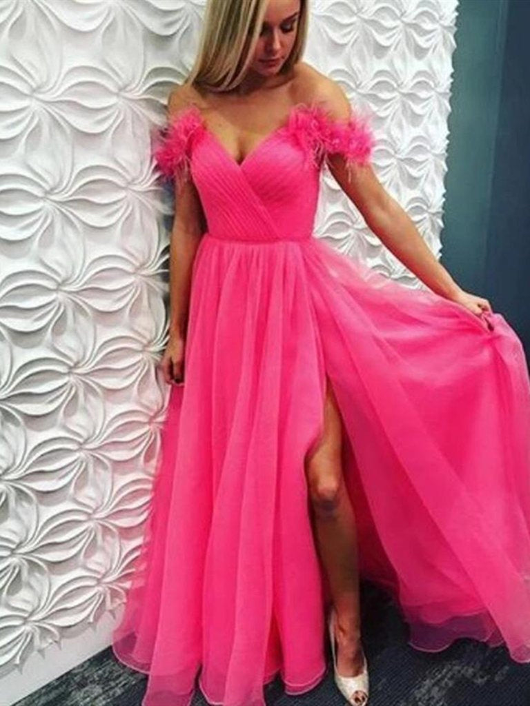 Off Shoulder Hot Pink Long Prom Dresses with Slit, Hot Pink Off Shoulder the Long Formal Evening Dresses