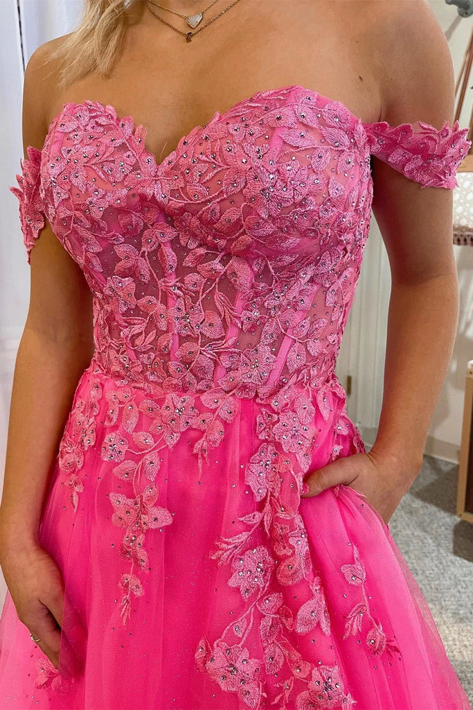Off Shoulder Hot Pink Tulle Lace Long Prom Dresses with High Slit, Hot Shiny Party Off Shoulder Hot Pink Tulle Lace Long Prom Dresses with High Slit, Hot Shiny Party