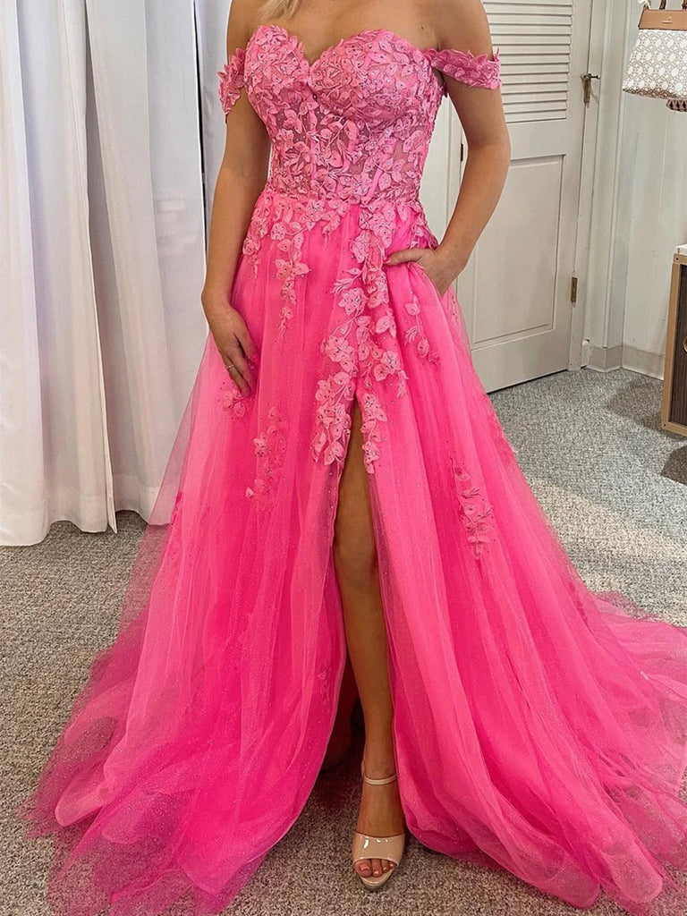 Off Shoulder Hot Pink Tulle Lace Long Prom Dresses with High Slit, Hot Shiny Party Off Shoulder Hot Pink Tulle Lace Long Prom Dresses with High Slit, Hot Shiny Party