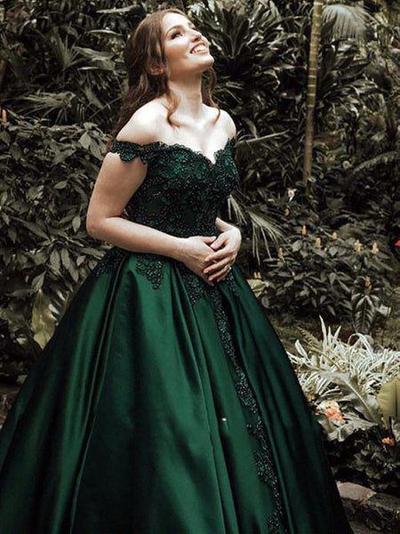 Off Shoulder Lace Green Prom Dress, Green Ball Gown, Off Shoulder Dark Green Evening Dress