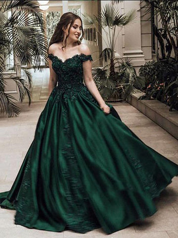 Off Shoulder Lace Green Prom Dress, Green Ball Gown, Off Shoulder Dark Green Evening Dress