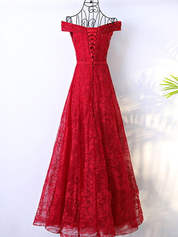 Off Shoulder Lace Wine Red Prom Dress, Off Shoulder Formal Dress
