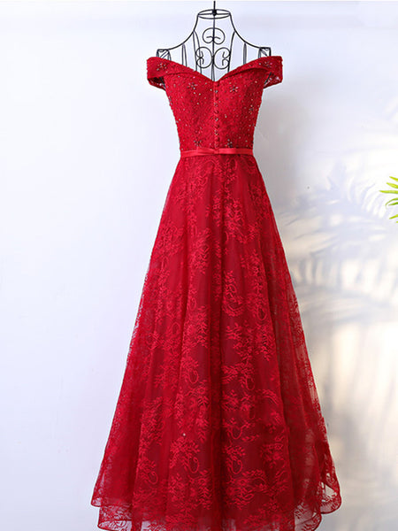 Off Shoulder Lace Wine Red Prom Dress, Off Shoulder Formal Dress
